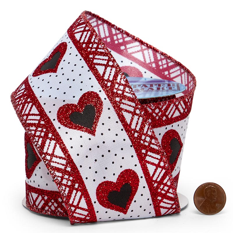 Red Hearts On White Wired Ribbon