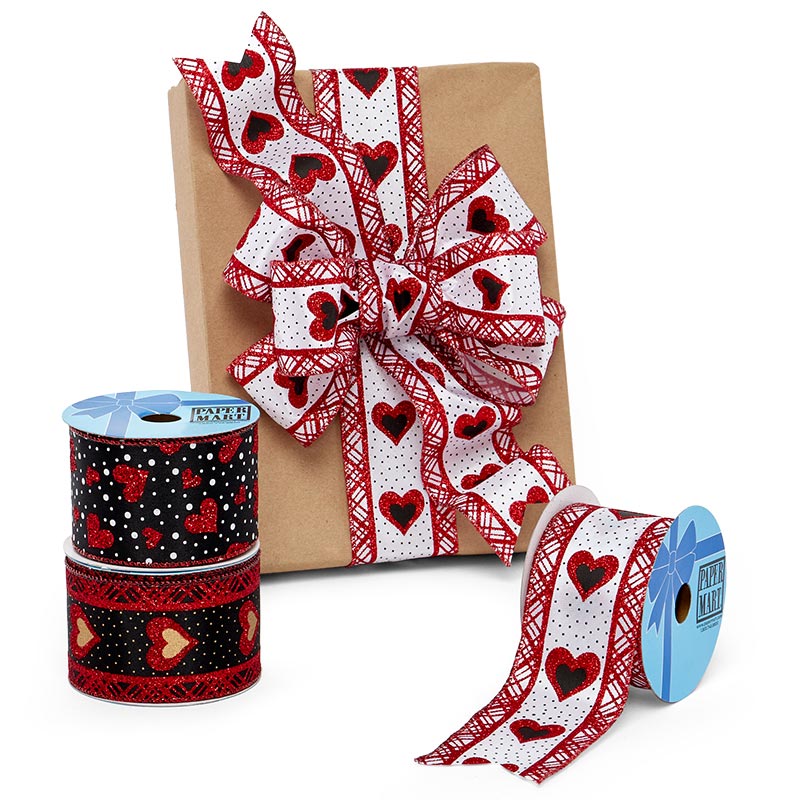 Red Hearts On White Wired Ribbon