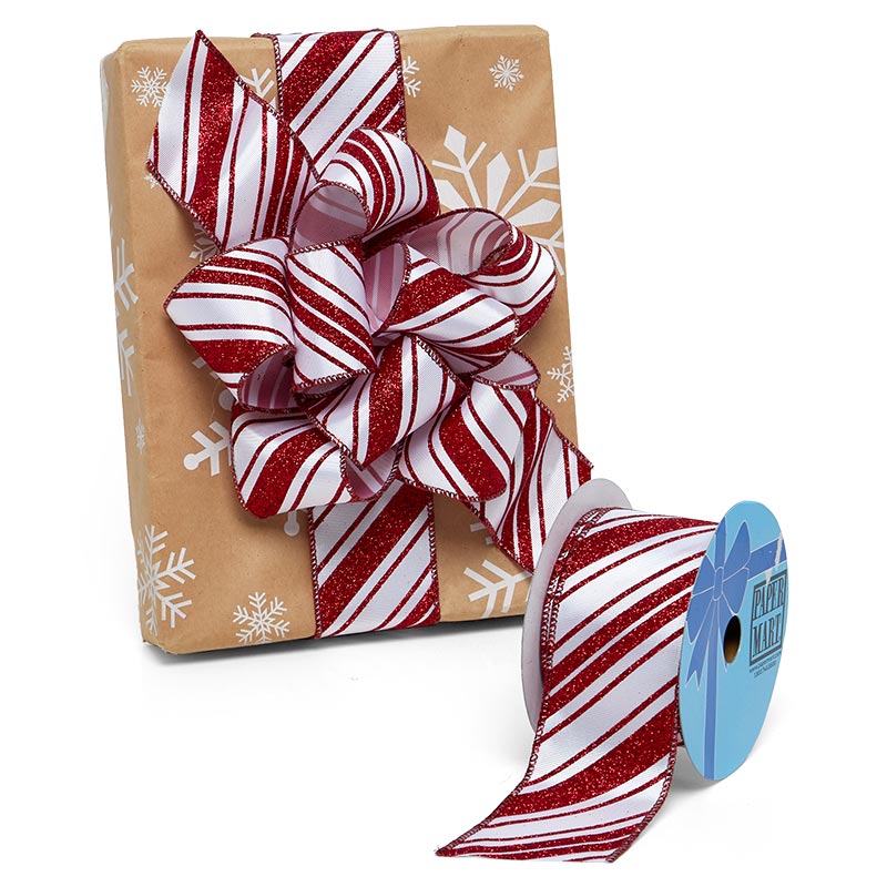 Wired Red/White Candy Cane Stripe Ribbon 1.5” wide BY THE YARD, Christmas  Ribbon