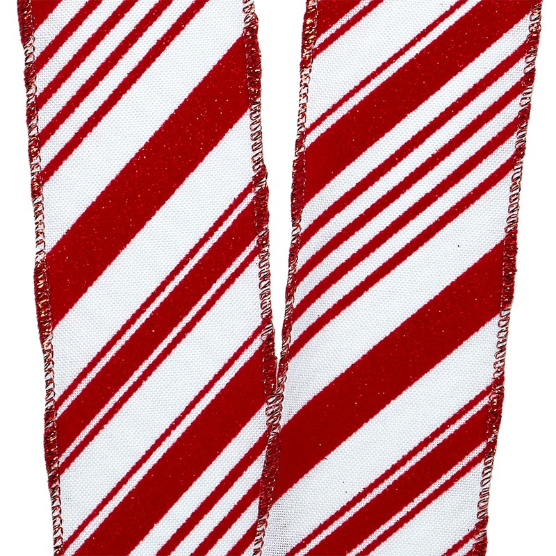 Flocked Glitter Candy Cane Stripes On Wired Ribbon | Shop