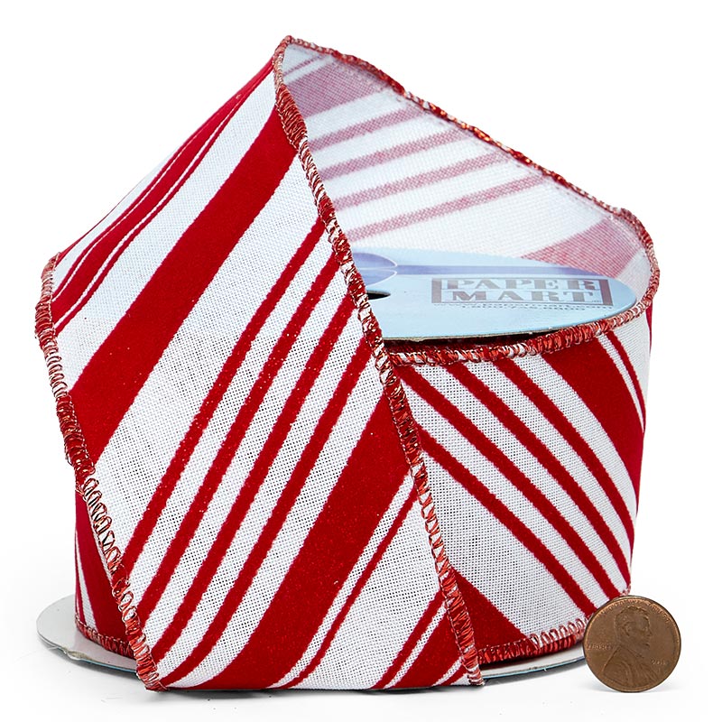 Flocked Glitter Candy Cane Stripes On Wired Ribbon | Shop