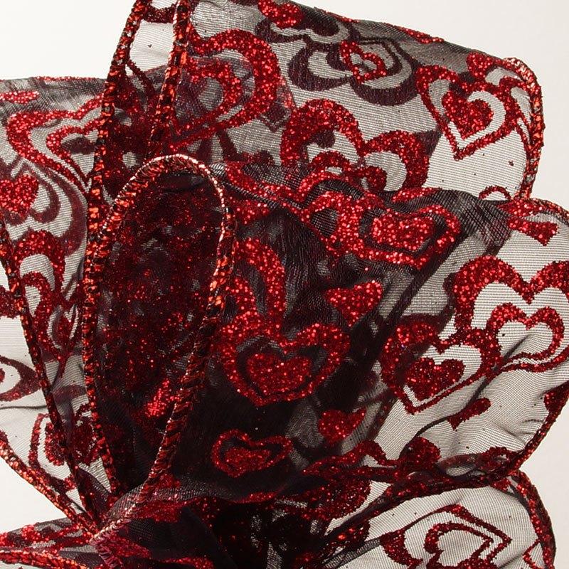 Red Hearts On White Wired Ribbon