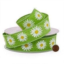 Shasta Daisy On Green Linen Wired Ribbon