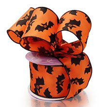 Orange Bats Halloween Satin Wired Ribbon