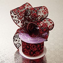 Glitter Heart Sheer Ribbon - Black / Red Hearts Galore