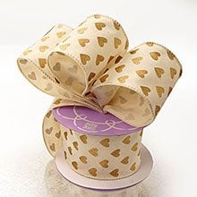 Natural Gold Heart Cotton Wired Ribbon