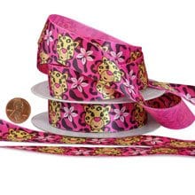 Kids Themed Satin Ribbon - Hot Pink Aloha Leopard