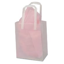 150 Custom 8 x 10 x 4 Frosted Brite Plastic Soft Loop Shopping Bags, Ink Imprint