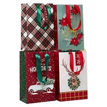 Assorted Rustic Christmas Gift Bags 5" x 8" - 12 Pack