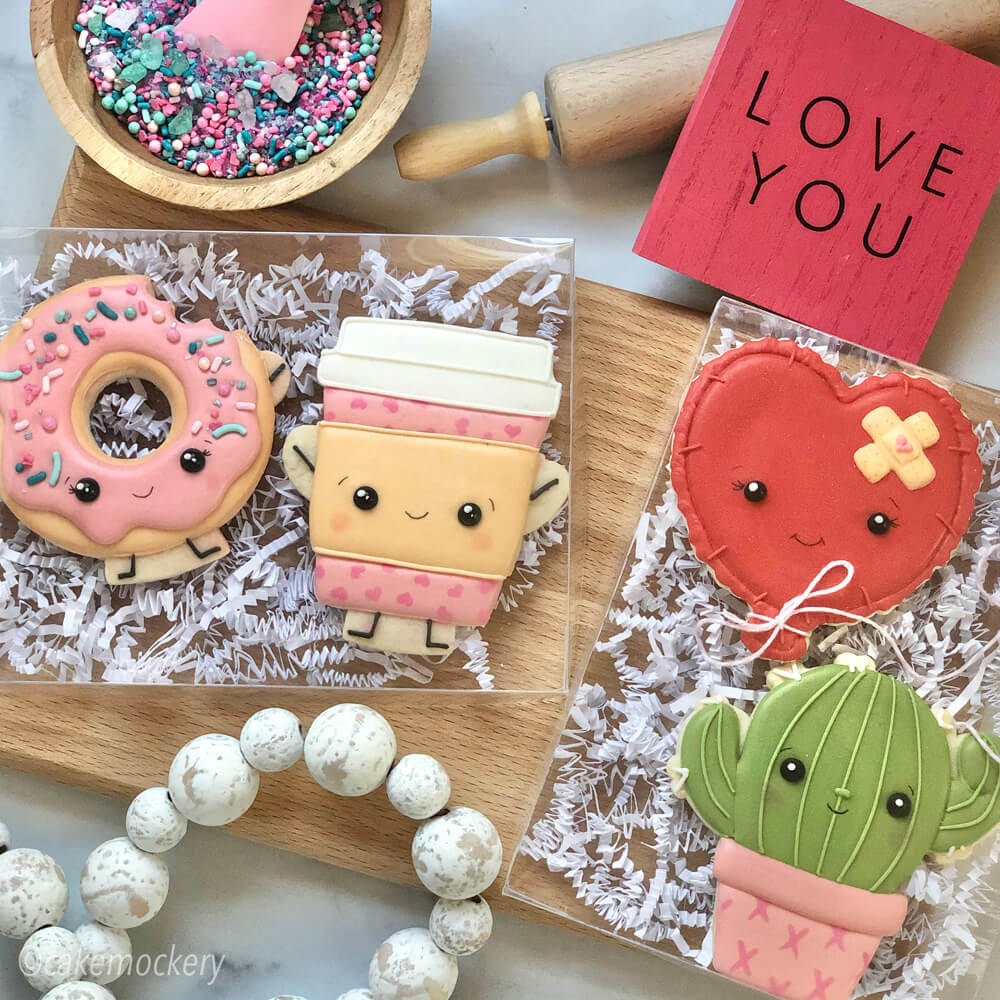 flat lay image of cake mockery cookies in paper mart packaging