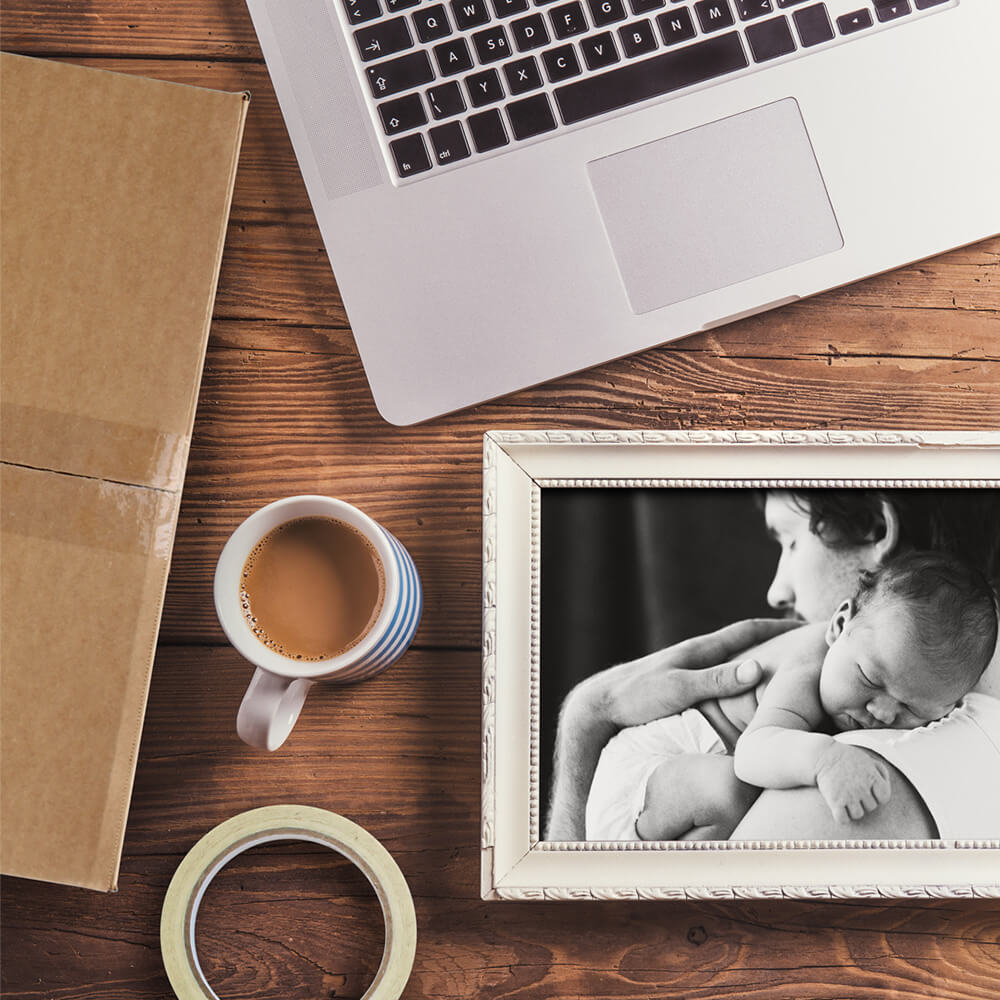 picture frame next to a shipping box