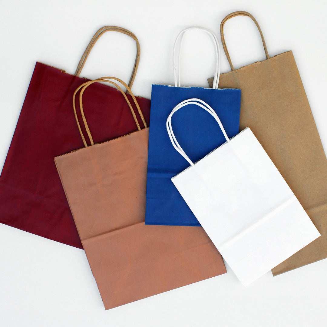 Five paper shopping bags in different colors arranged on a white background: burgundy, tan, blue, white, and kraft brown. The bags have handles in matching or contrasting colors and are photographed from above.
