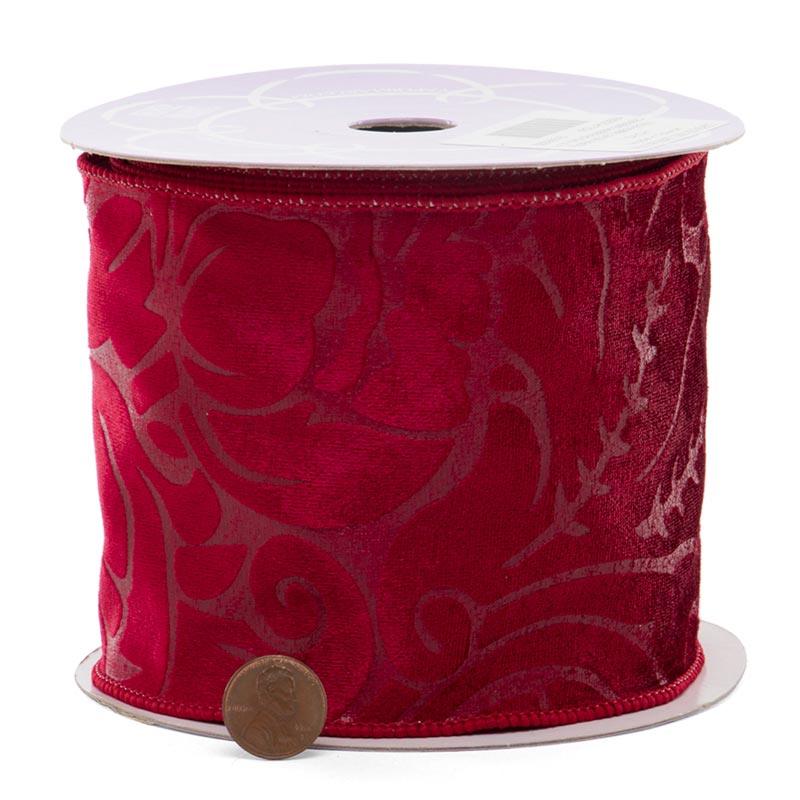 Cranberry Embossed Velvet Wide Wired Ribbon (4" X 10YD)