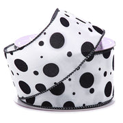 White & Black Flocked Dots Satin Wired Ribbon (2-1/2" X 10YD)