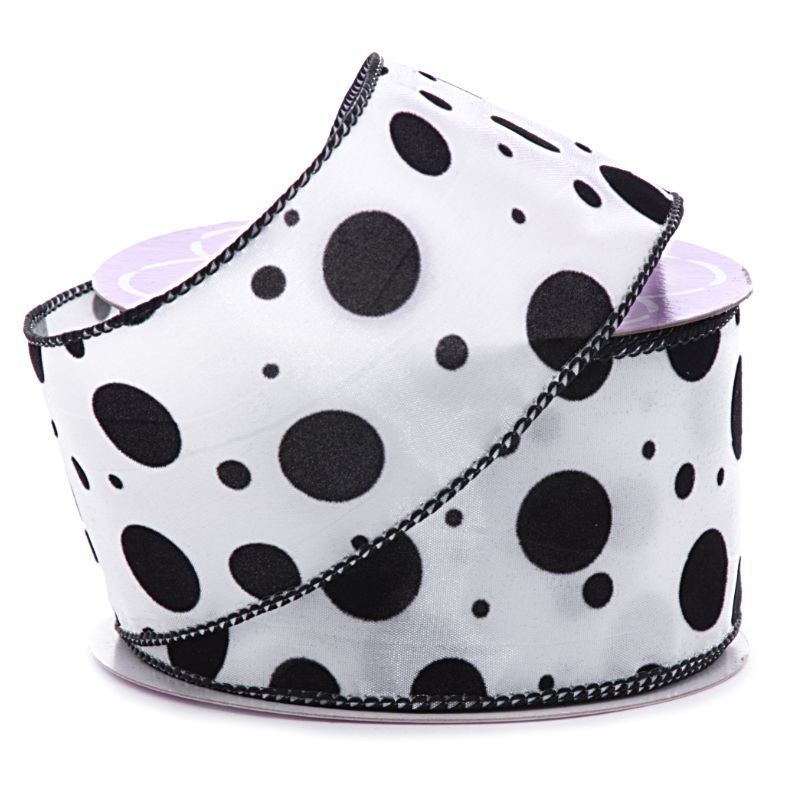 White & Black Flocked Dots Satin Wired Ribbon (2-1/2" X 10YD)