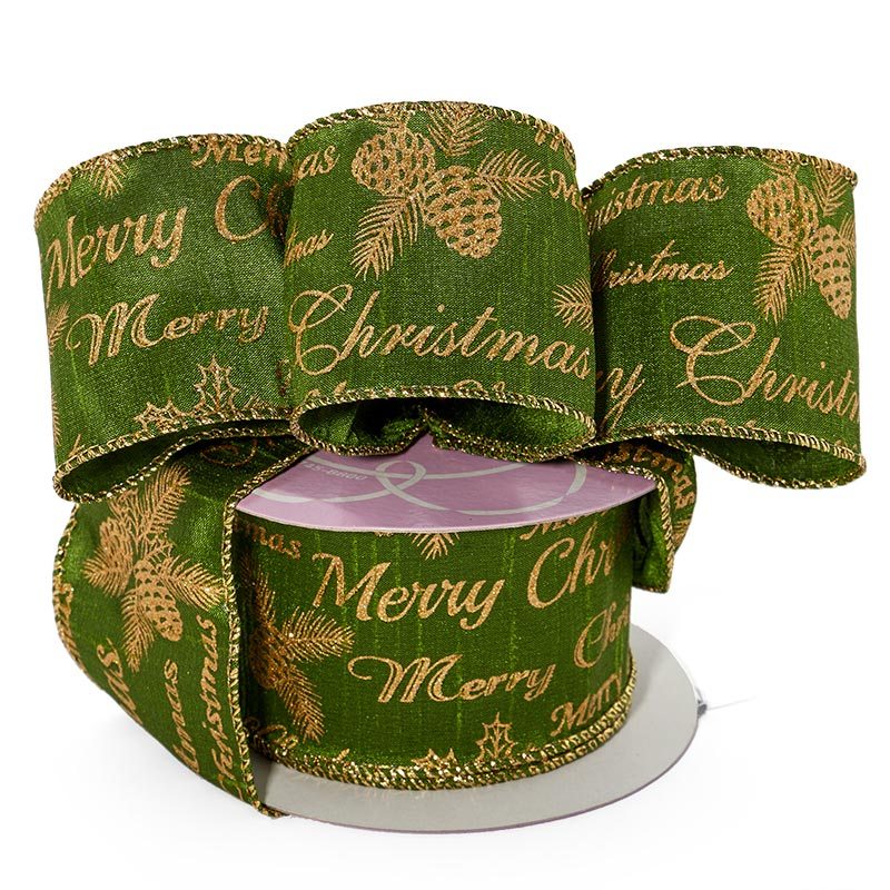 Green/Gold Merry Christmas Wired Ribbon (2-1/2" X 10YD)