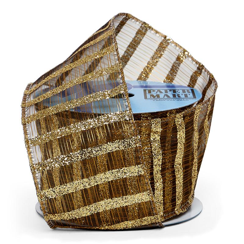 Old Gold Sparkling Stripes On Sheer Wired Ribbon (2-1/2" X 10YD)