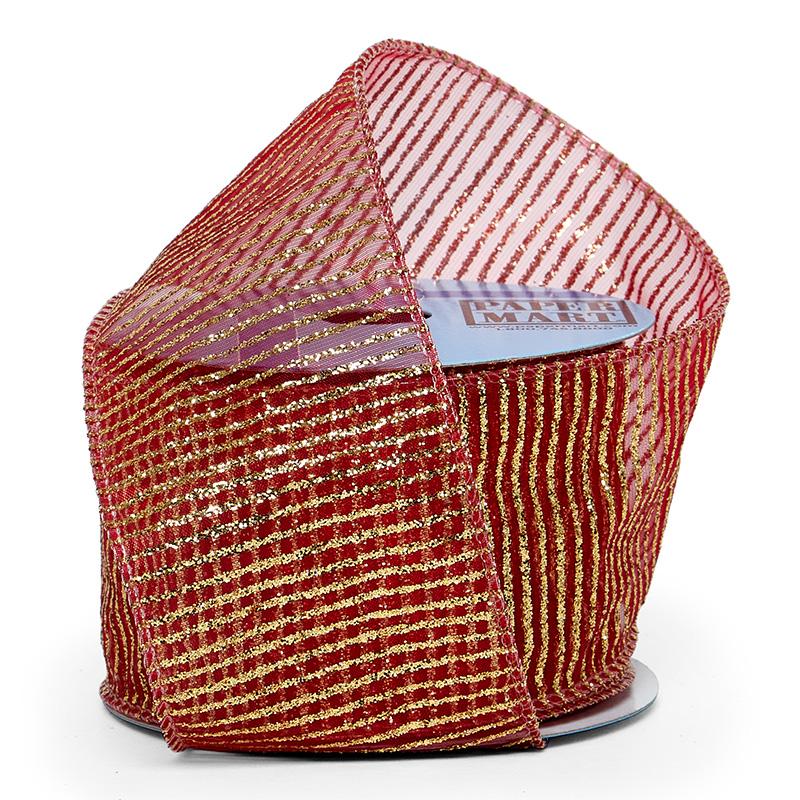 Gold & Red Metallic Glitter Stripes On Wired Ribbon (2-1/2" X 10YD)
