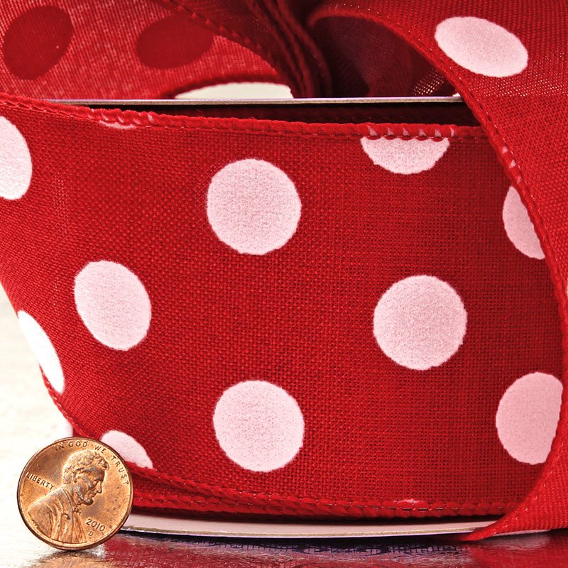 Red Polka Dot Linen Wired Ribbon (2-1/2" X 10YD)